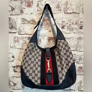 Gucci Jackie 1961 monogram canvas & dark blue suede vintage Bag 100% authentic